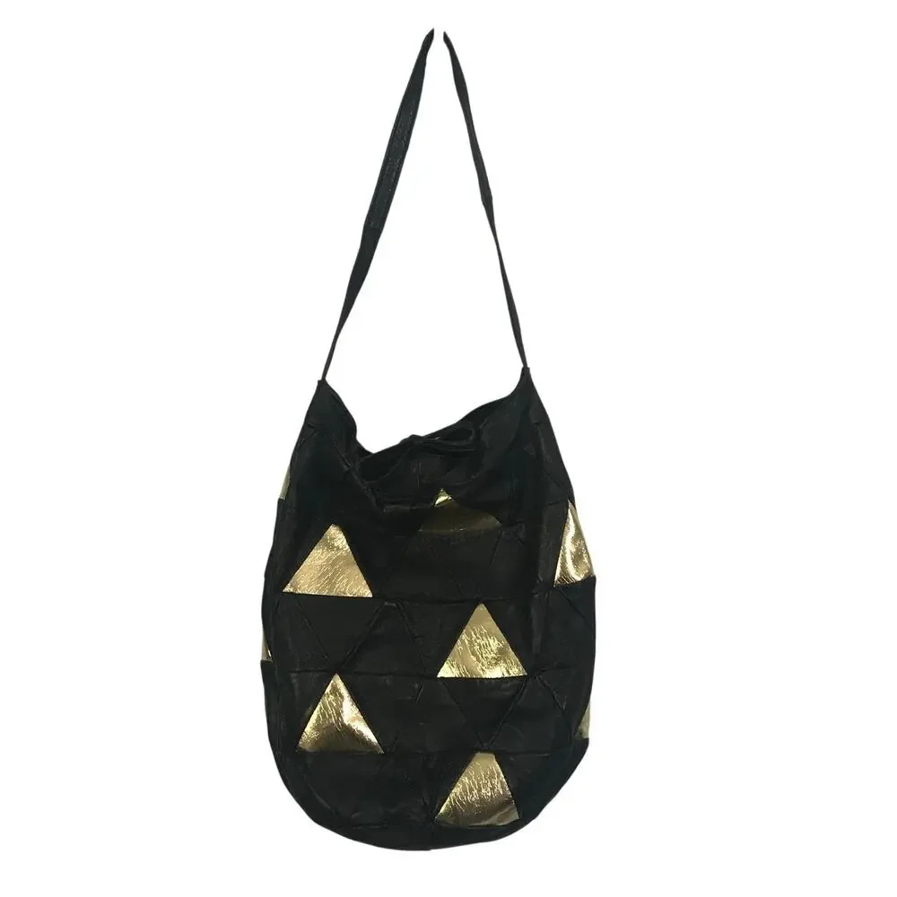 33 East Etra Purse Rare Vintage Bucket Leather Black Gold Triangle Boho Italy